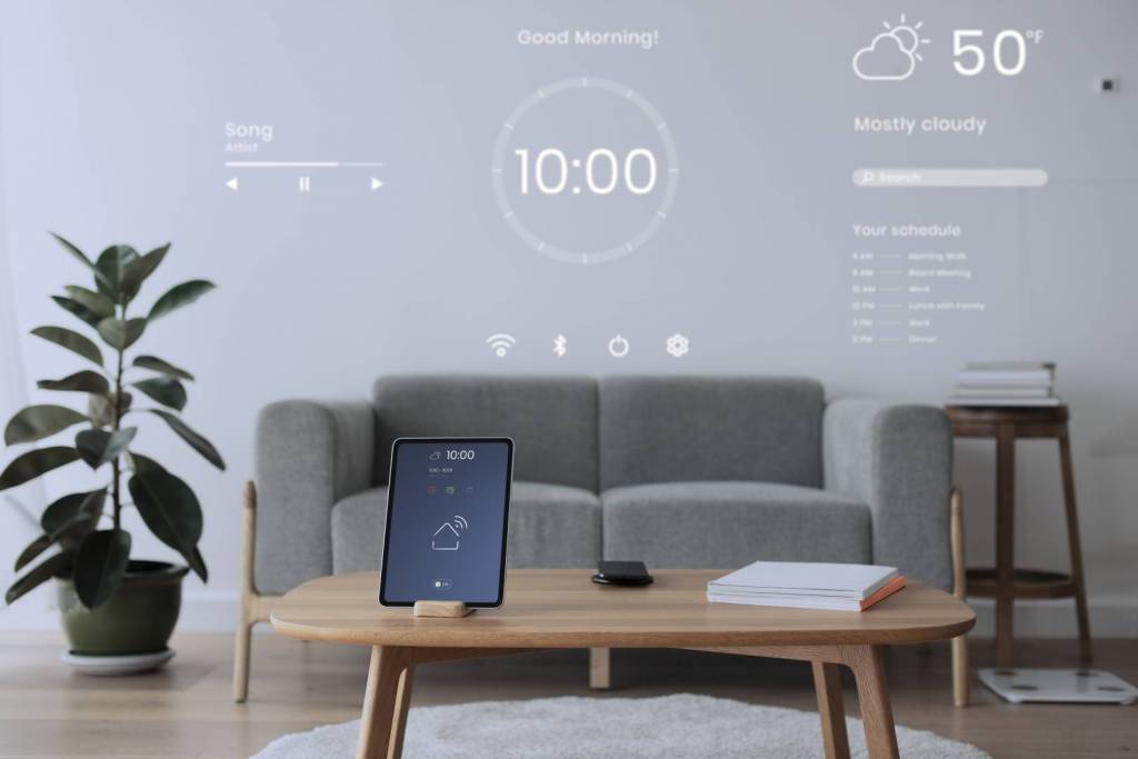 Digital Tablet Screen With Smart Home Controller On Wooden Table